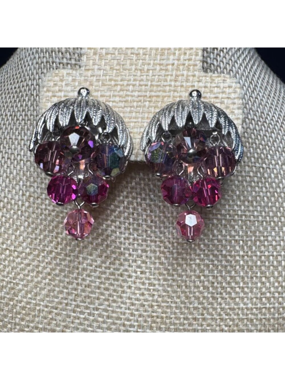 Vintage Grape Silver-Tone Clip-On Earrings Purple Crystal Beads Floral Design